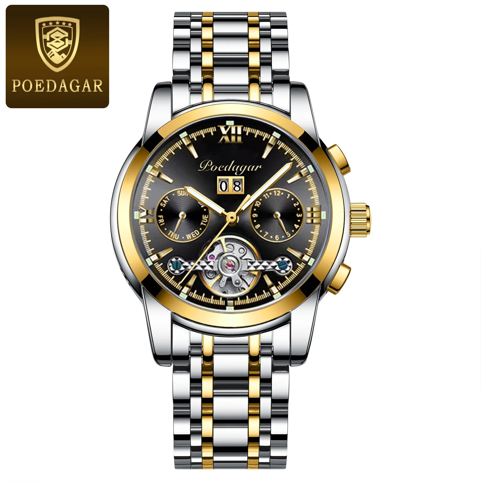 POEDAGAR Luxury Men Mechanical Watch Stainless Steel 8051