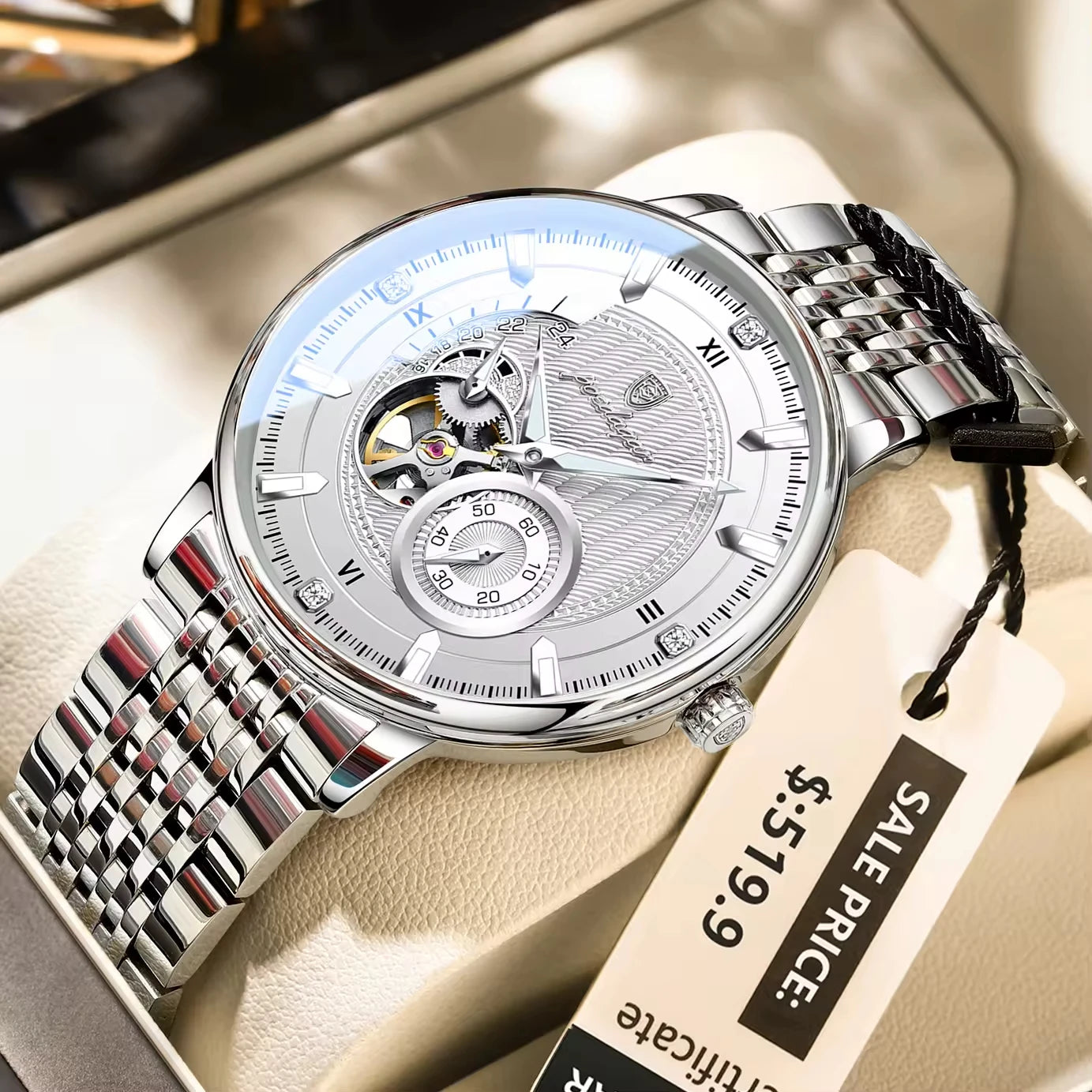 POEDAGAR Skeleton Automatic Mechanical Watch 42mm 1416