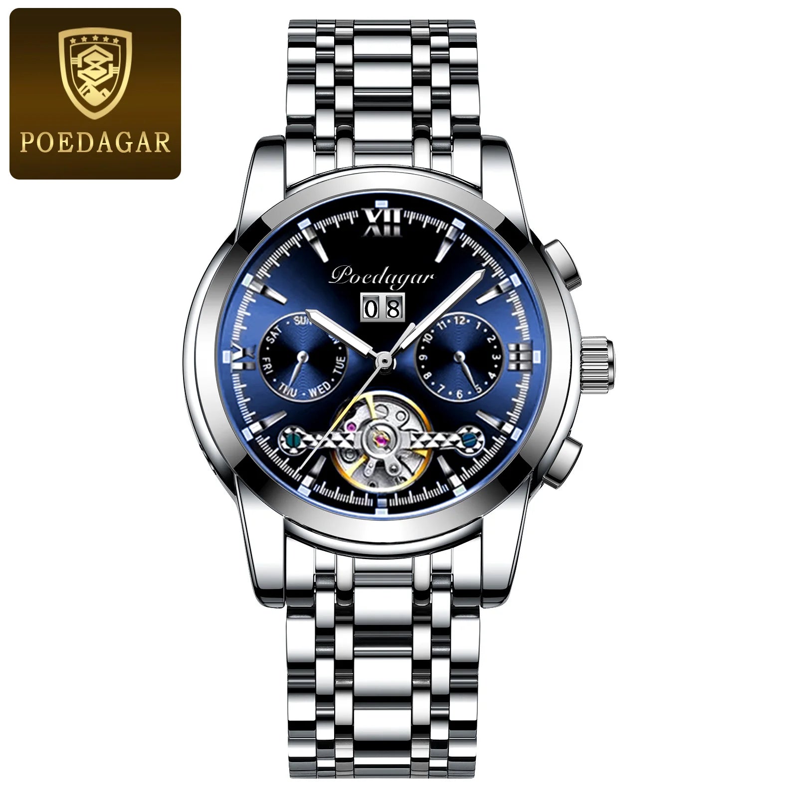 POEDAGAR Luxury Men Mechanical Watch Stainless Steel 8051