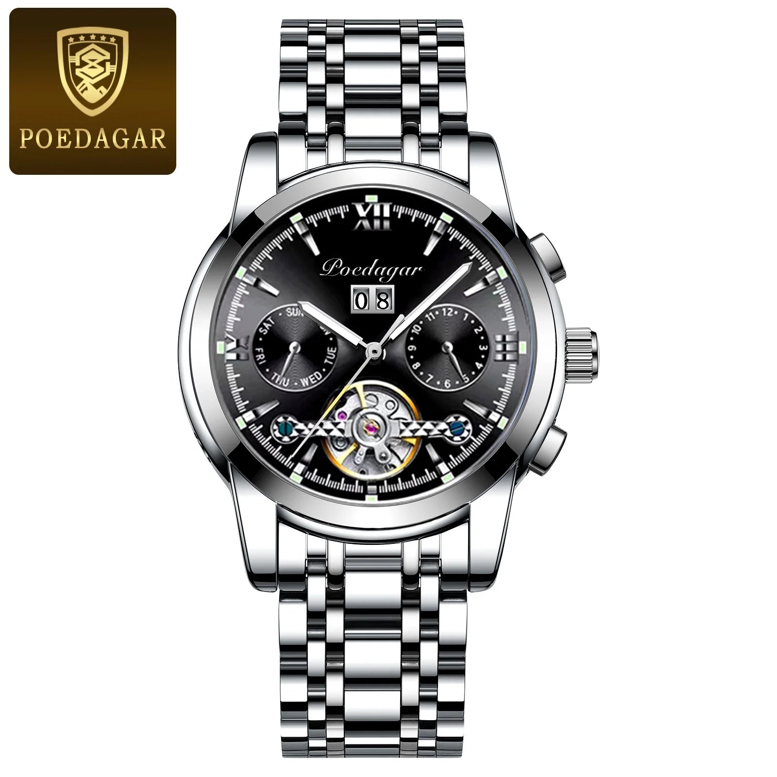 POEDAGAR Luxury Men Mechanical Watch Stainless Steel 8051