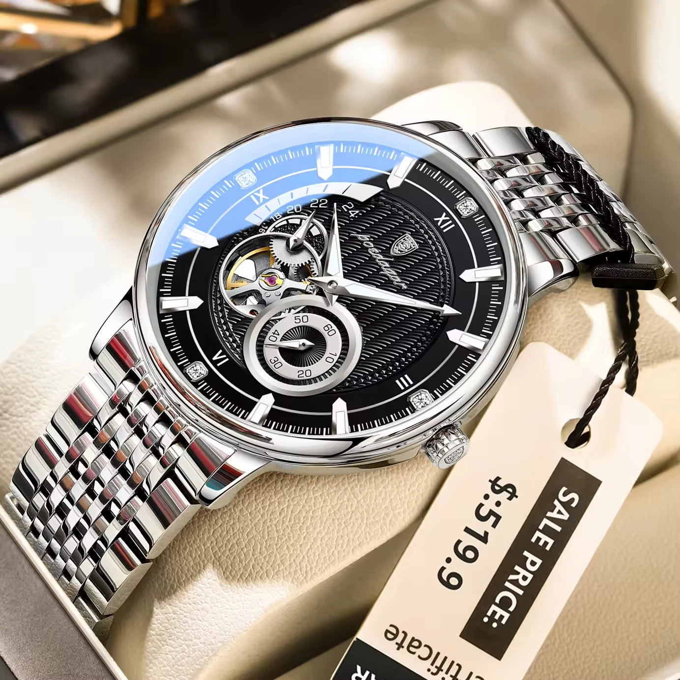 POEDAGAR Skeleton Automatic Mechanical Watch 42mm 1416