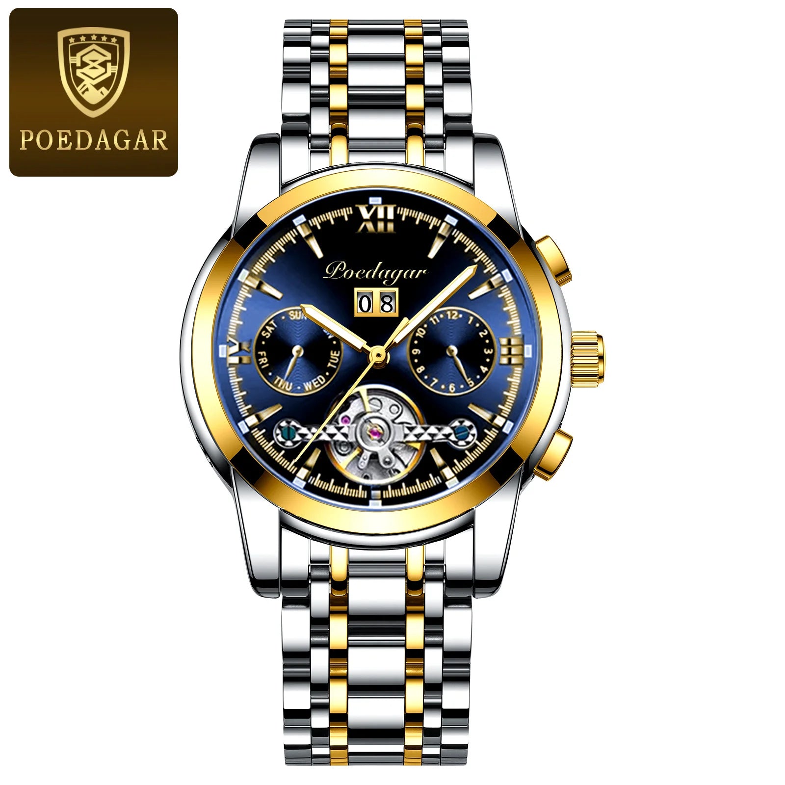 POEDAGAR Luxury Men Mechanical Watch Stainless Steel 8051