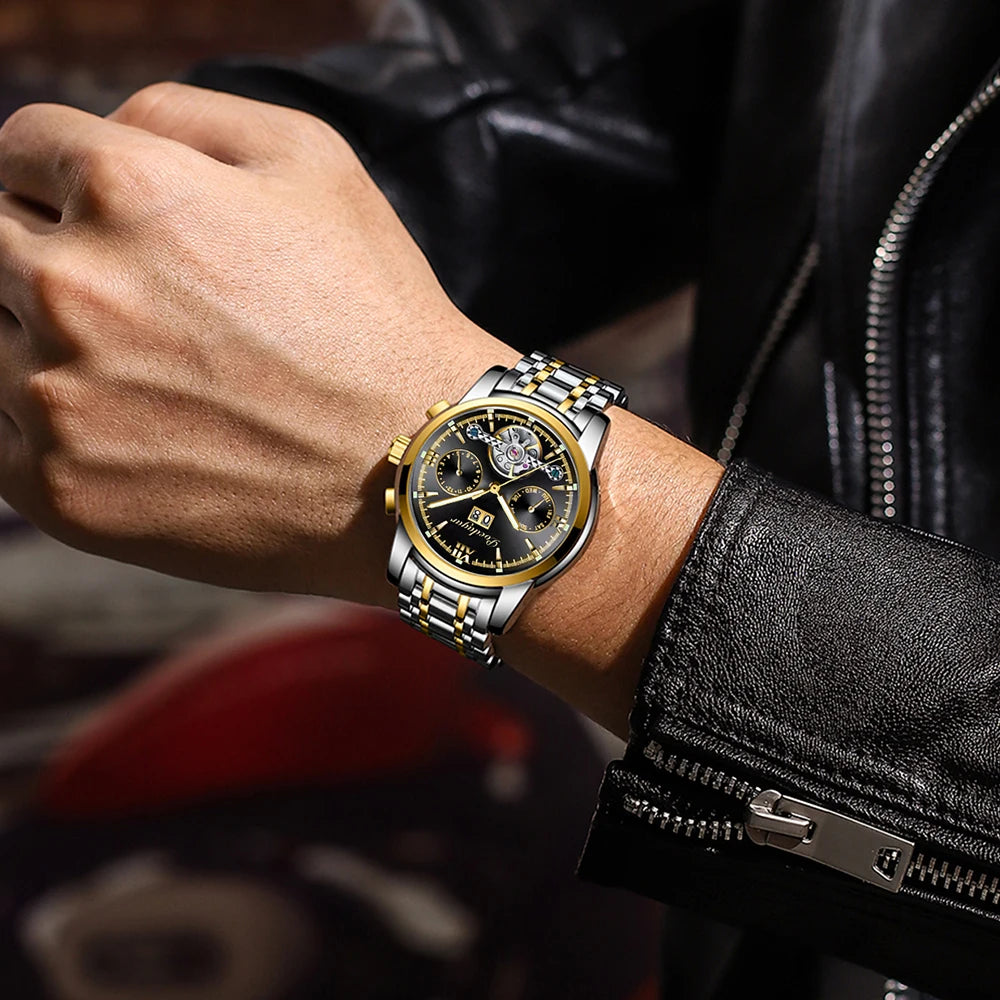 POEDAGAR Luxury Men Mechanical Watch Stainless Steel 8051