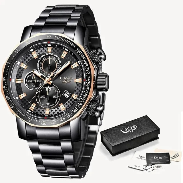 LIGE Men's Business Stainless Steel Quartz Luxury Watch 9902