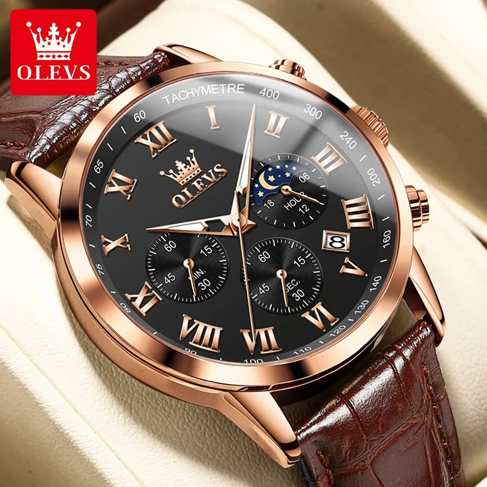 OLEVS Leather Chronograph Quartz Watch 3ATM 5529