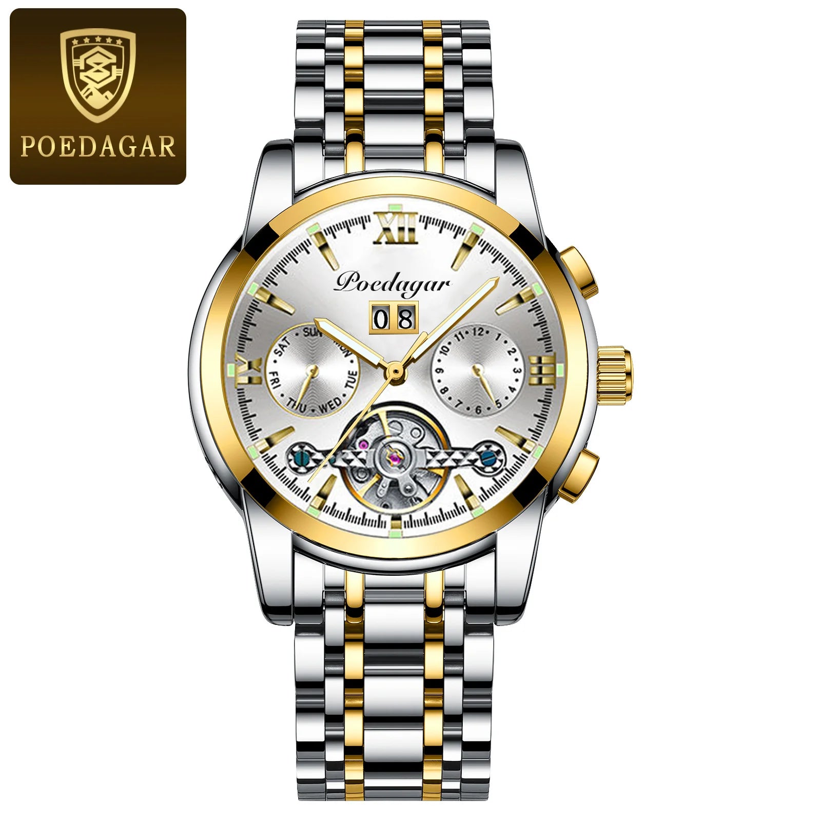 POEDAGAR Luxury Men Mechanical Watch Stainless Steel 8051