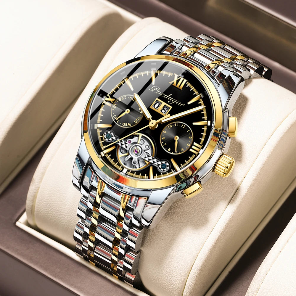 POEDAGAR Luxury Men Mechanical Watch Stainless Steel 8051
