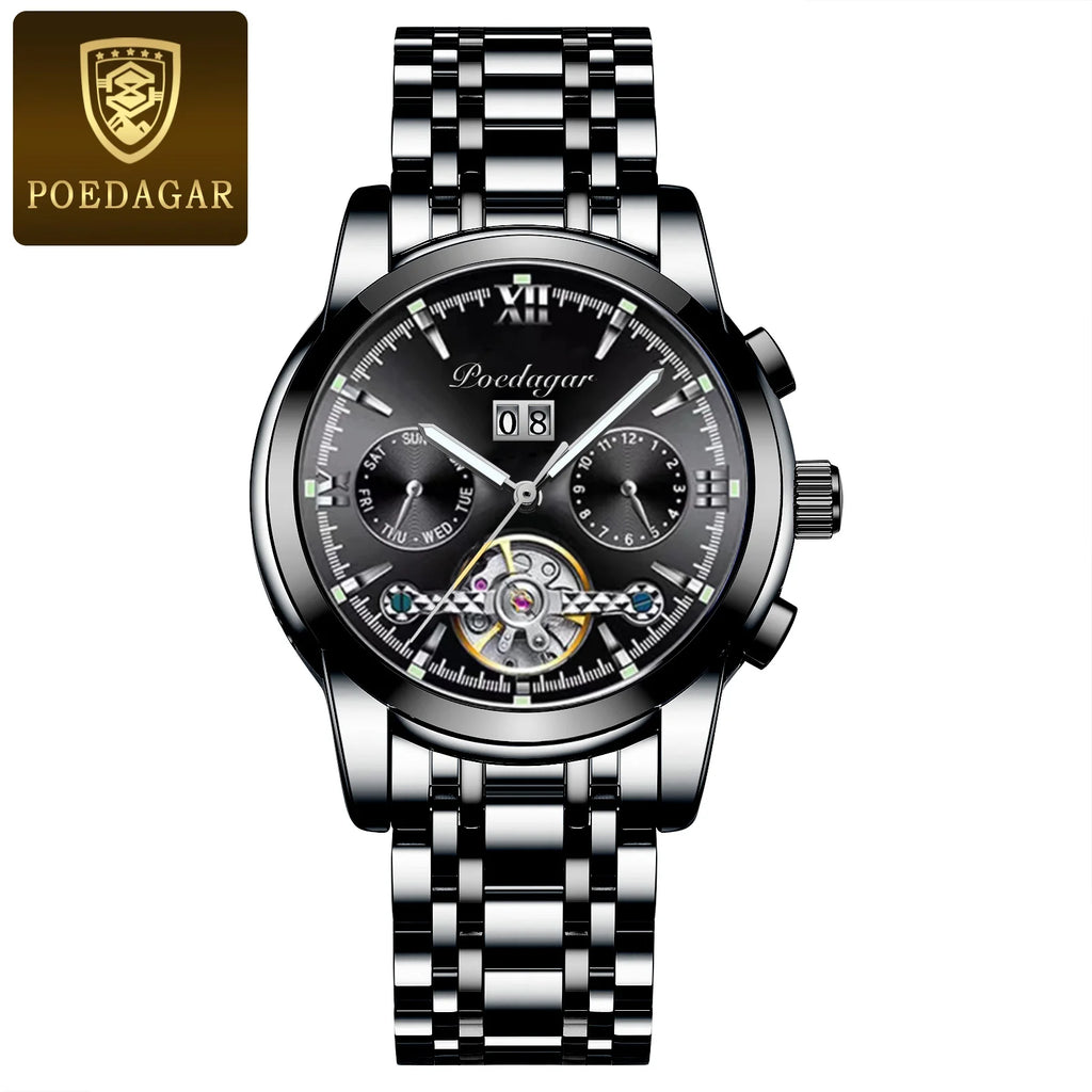 POEDAGAR Luxury Men Mechanical Watch Stainless Steel 8051