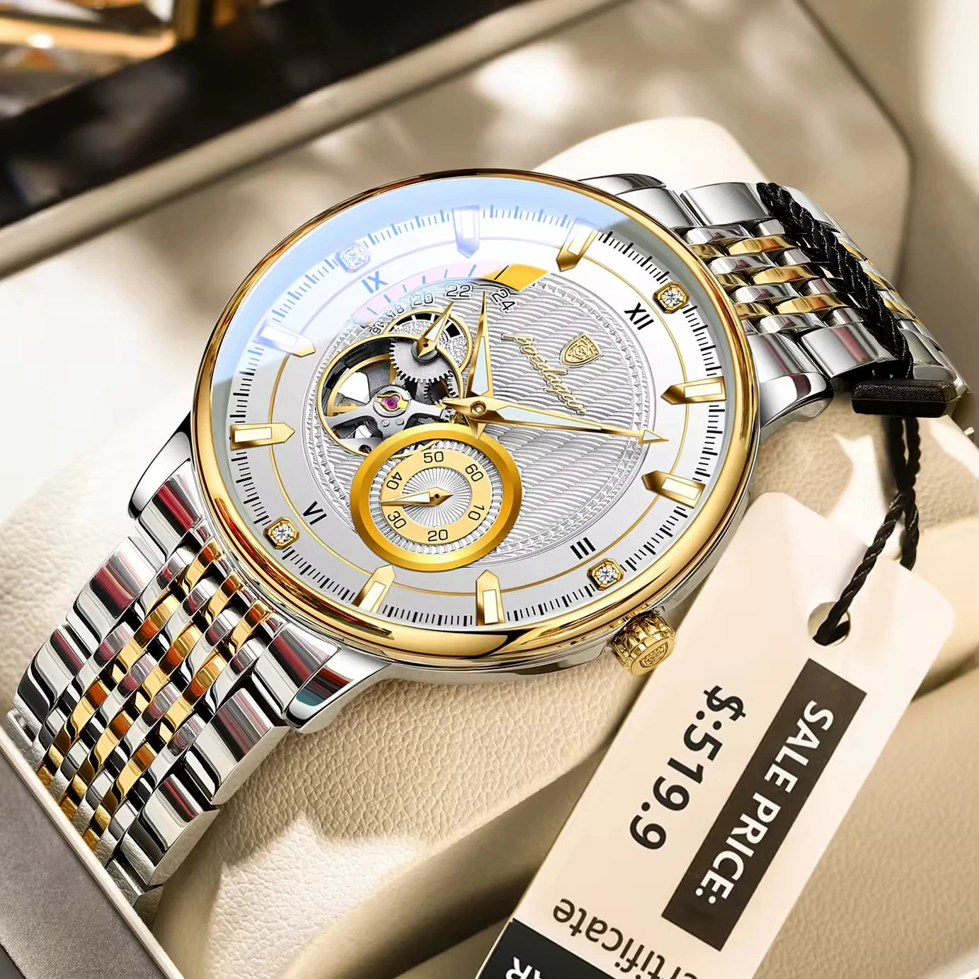 POEDAGAR Skeleton Automatic Mechanical Watch 42mm 1416