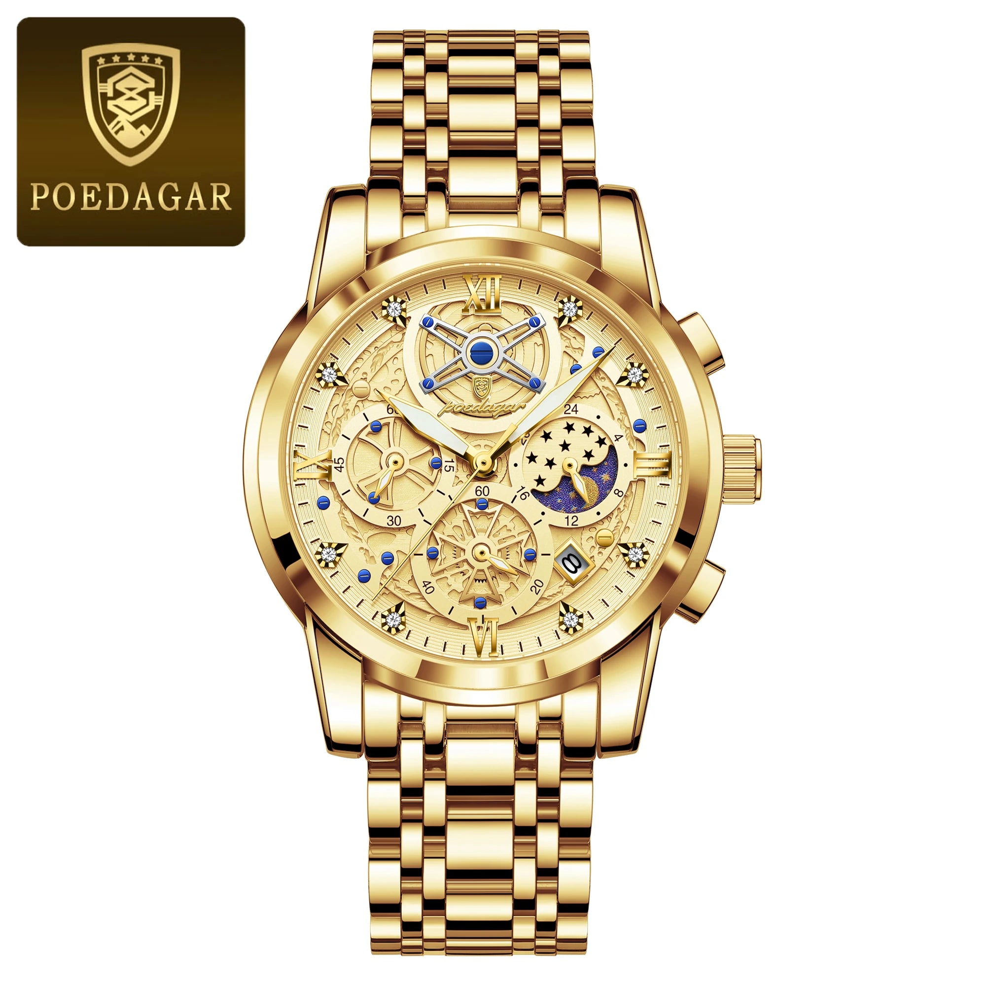 POEDAGAR Stainless Steel Chronograph Quartz Watch 984WH-1