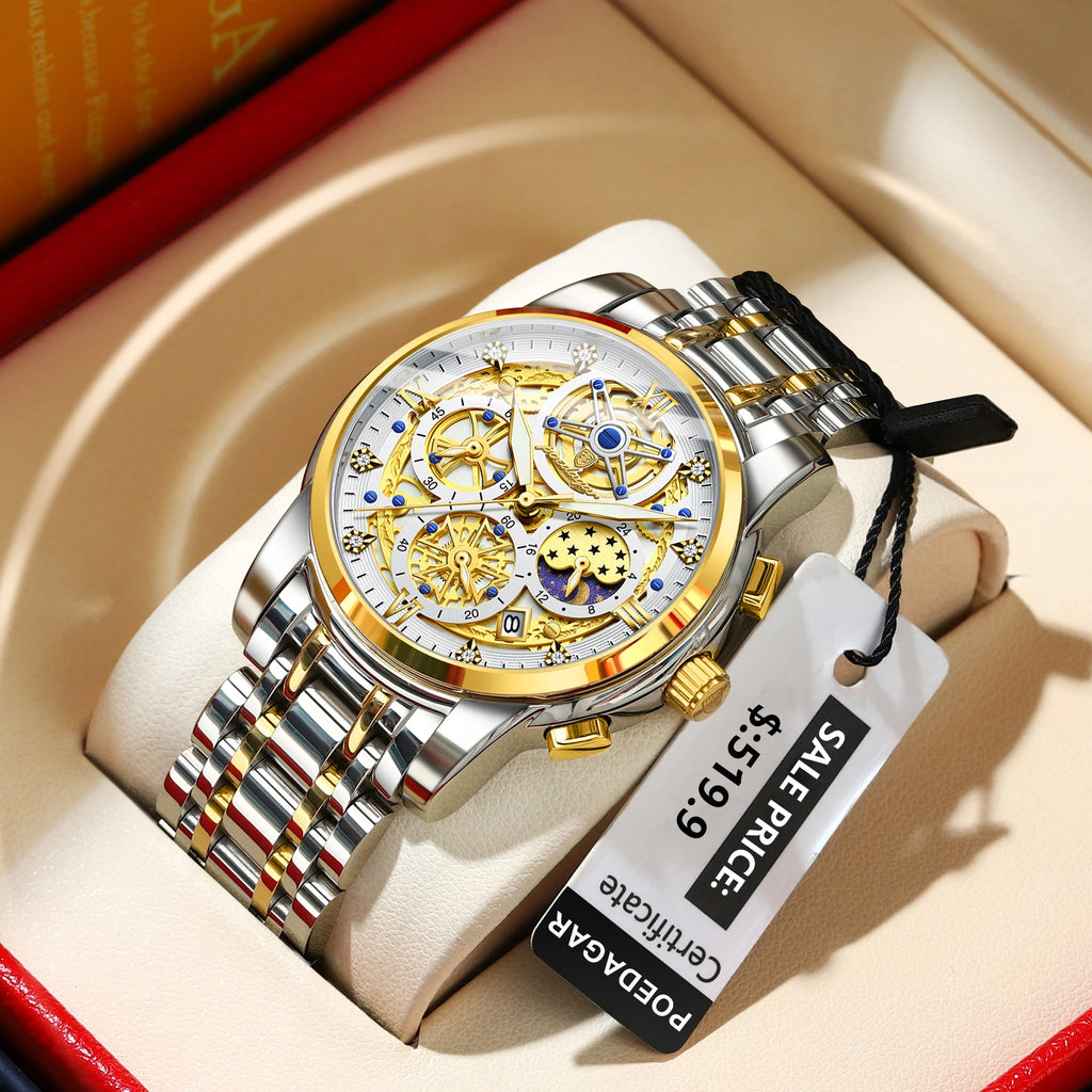 POEDAGAR Stainless Steel Chronograph Quartz Watch 984WH-1
