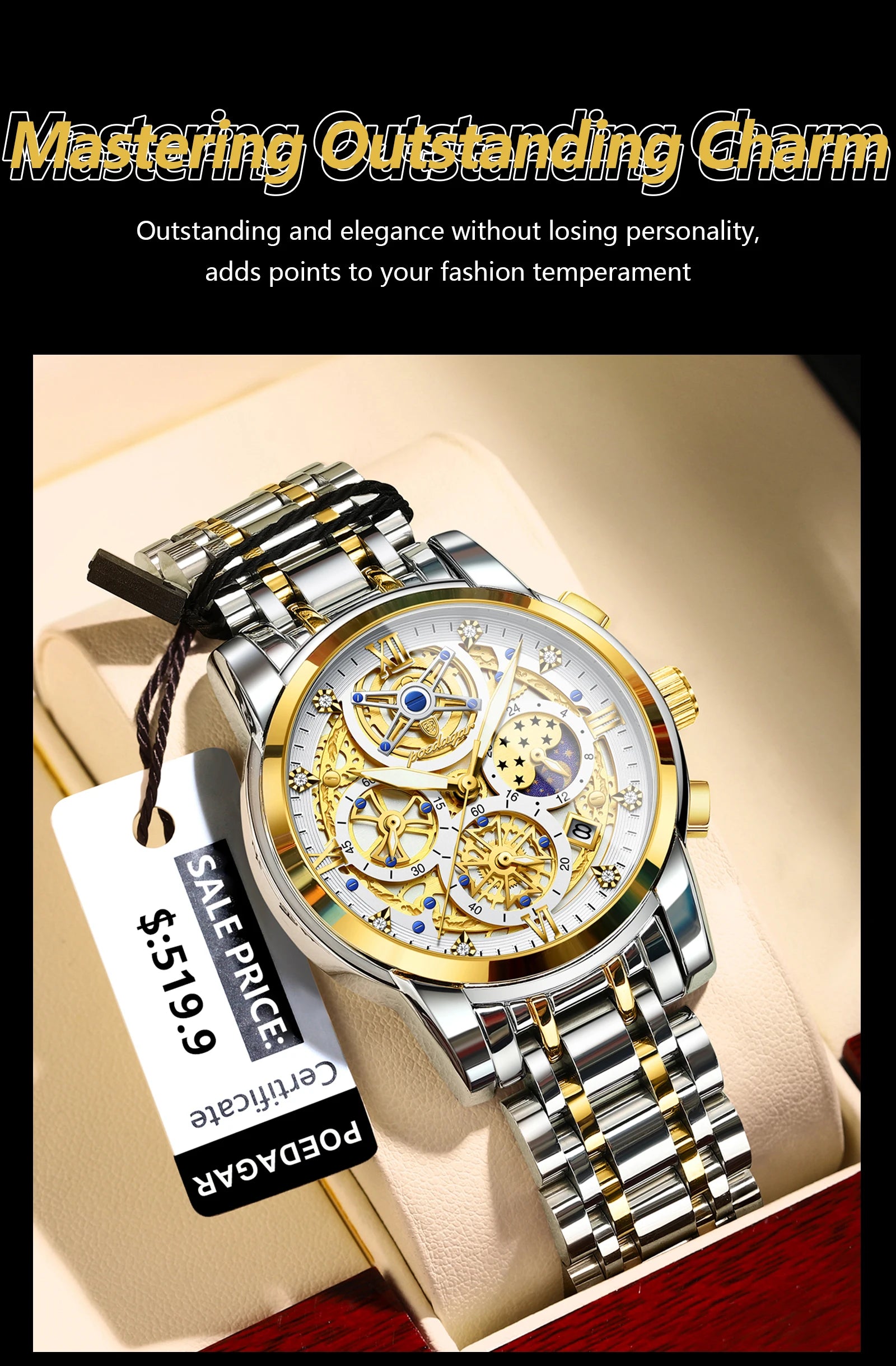 POEDAGAR Stainless Steel Chronograph Quartz Watch 984WH-1