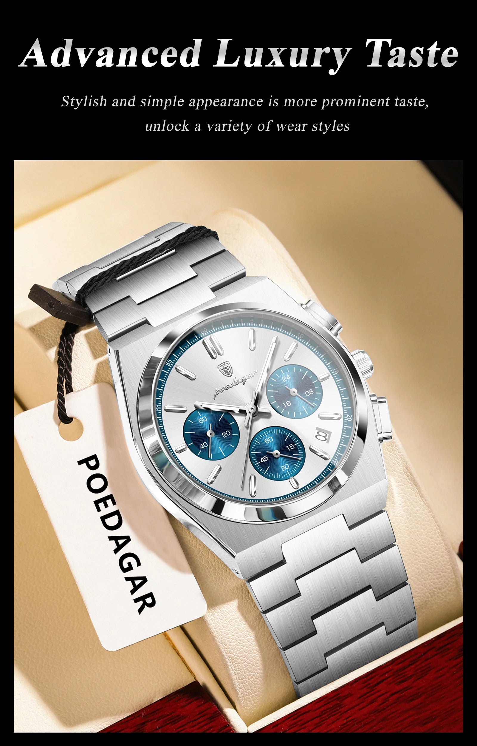 POEDAGAR Stainless Steel Chronograph Quartz Watch 970