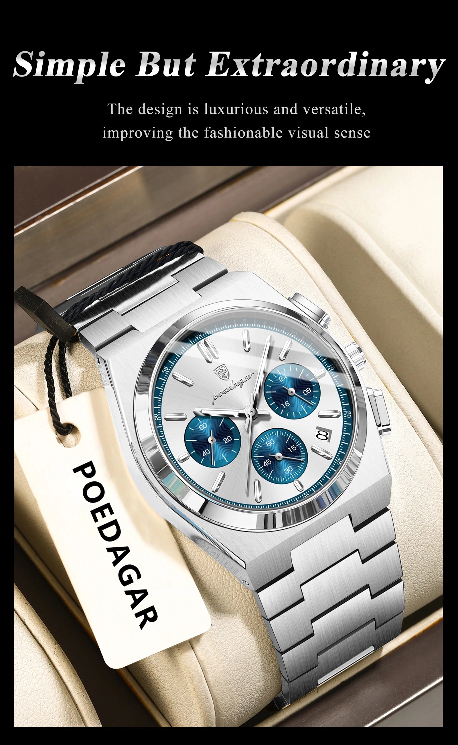 POEDAGAR Stainless Steel Chronograph Quartz Watch 970