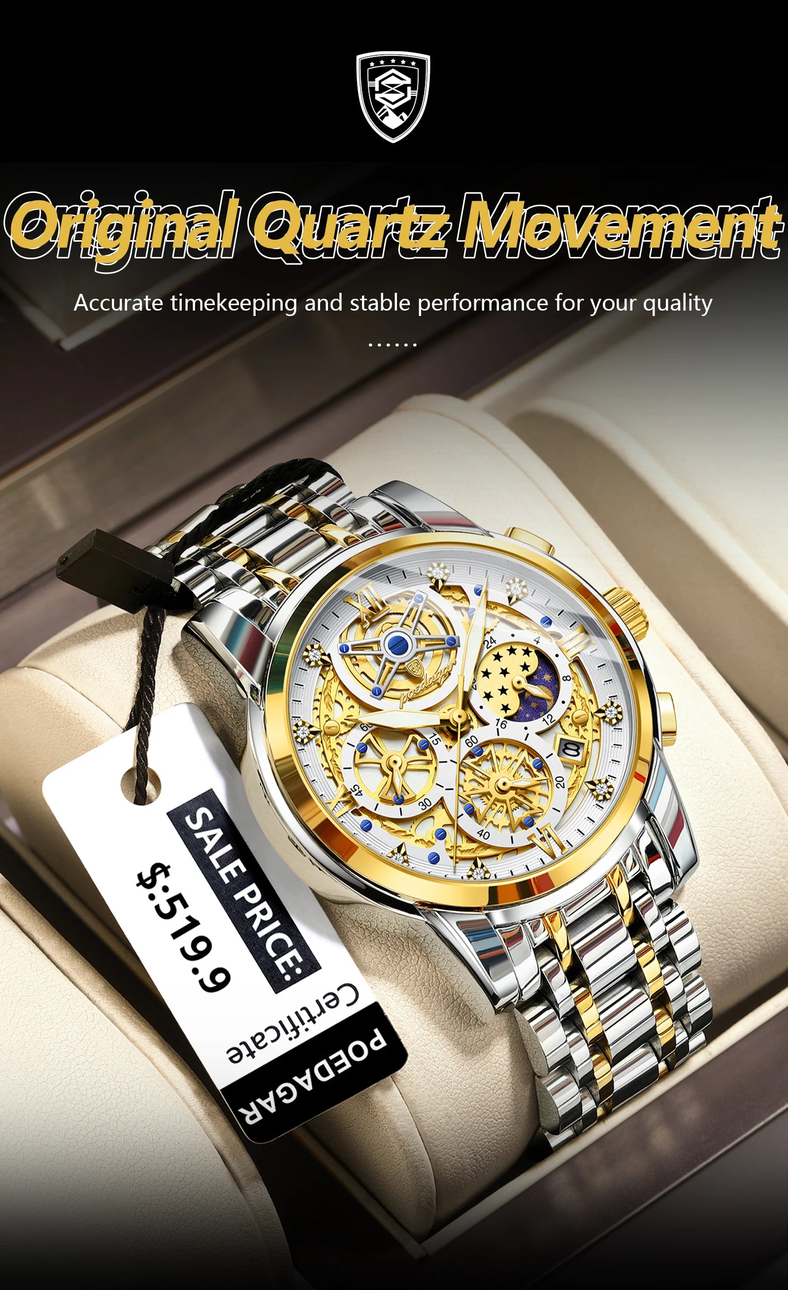 POEDAGAR Stainless Steel Chronograph Quartz Watch 984WH-1