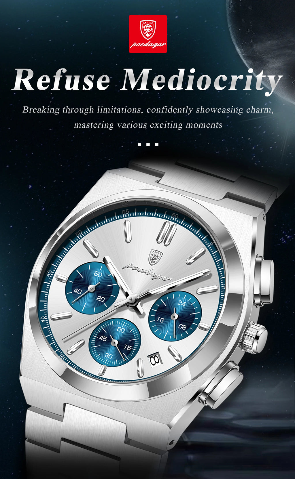 POEDAGAR Stainless Steel Chronograph Quartz Watch 970