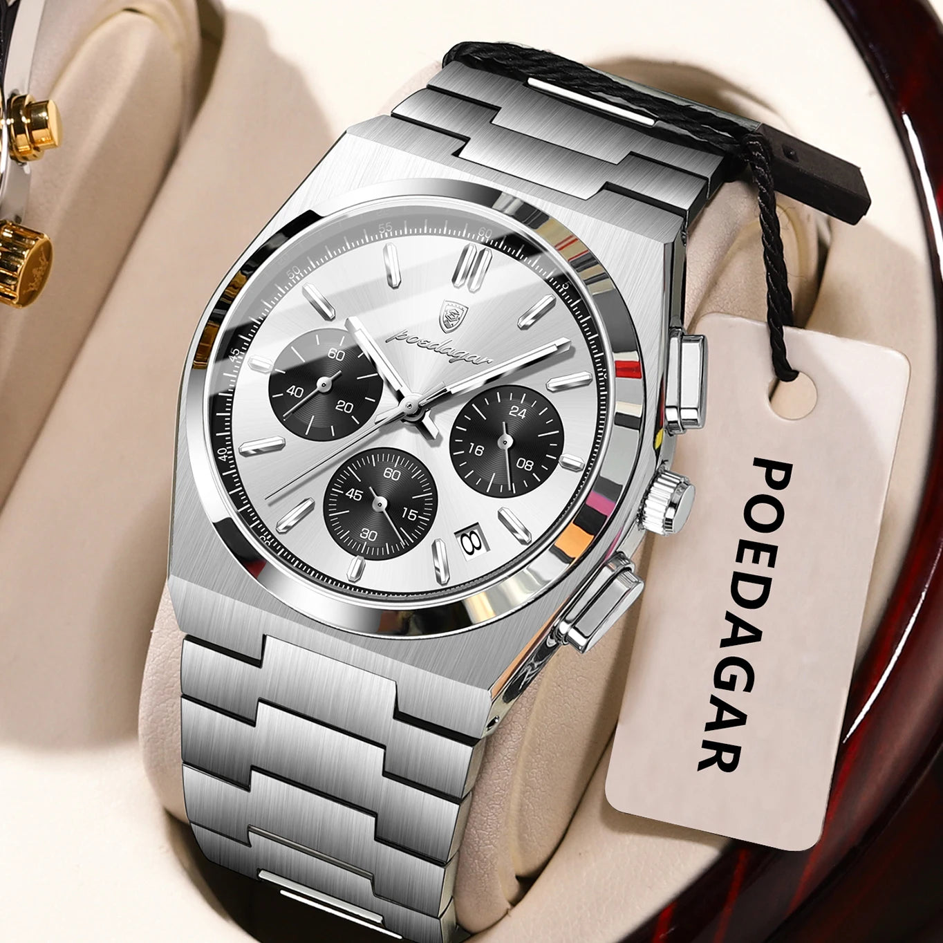 POEDAGAR Stainless Steel Chronograph Quartz Watch 970