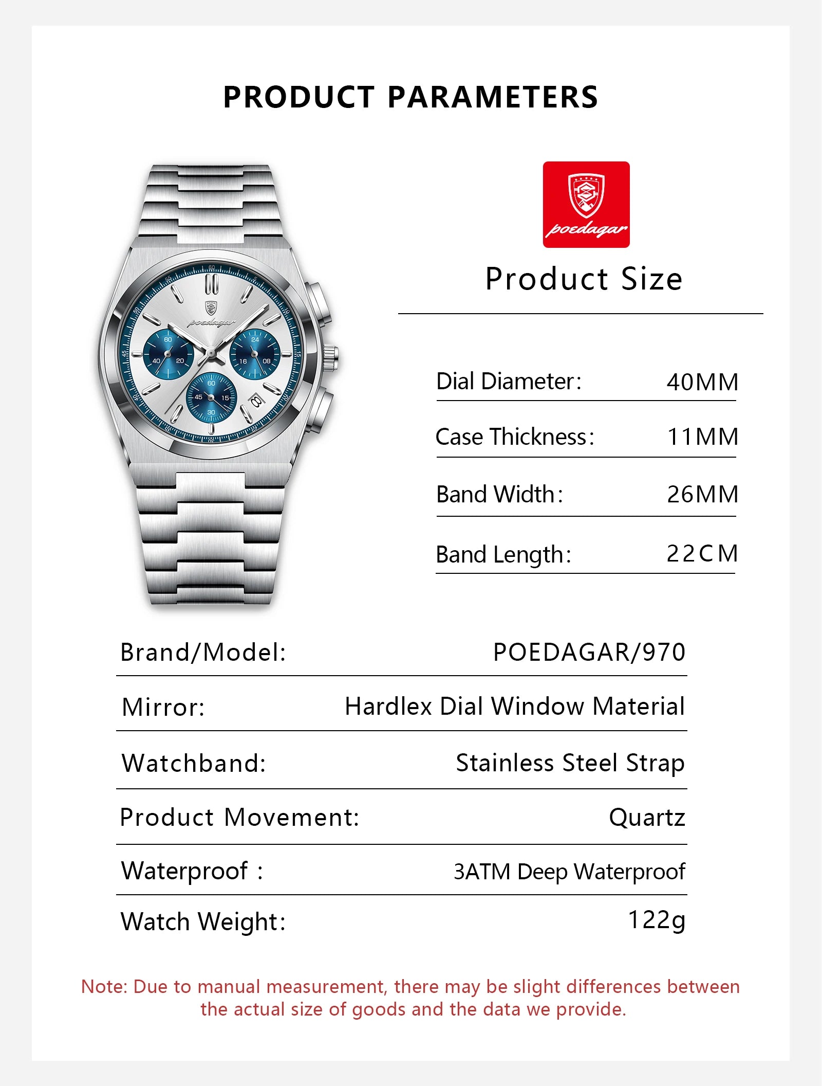 POEDAGAR Stainless Steel Chronograph Quartz Watch 970