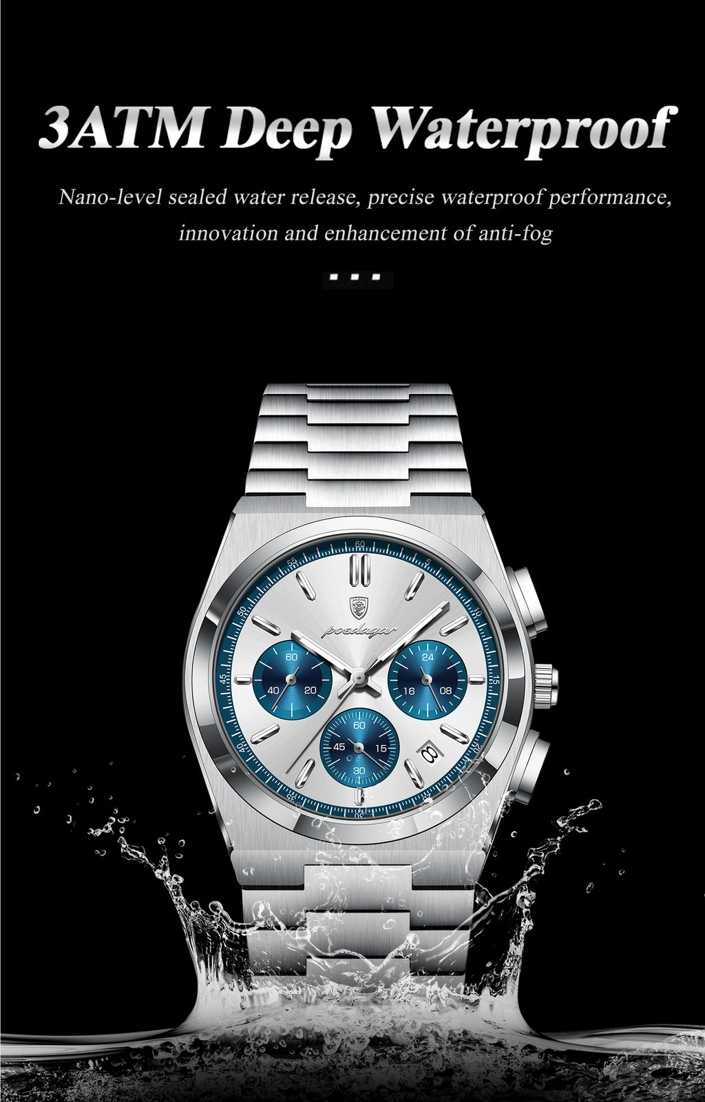 POEDAGAR Stainless Steel Chronograph Quartz Watch 970