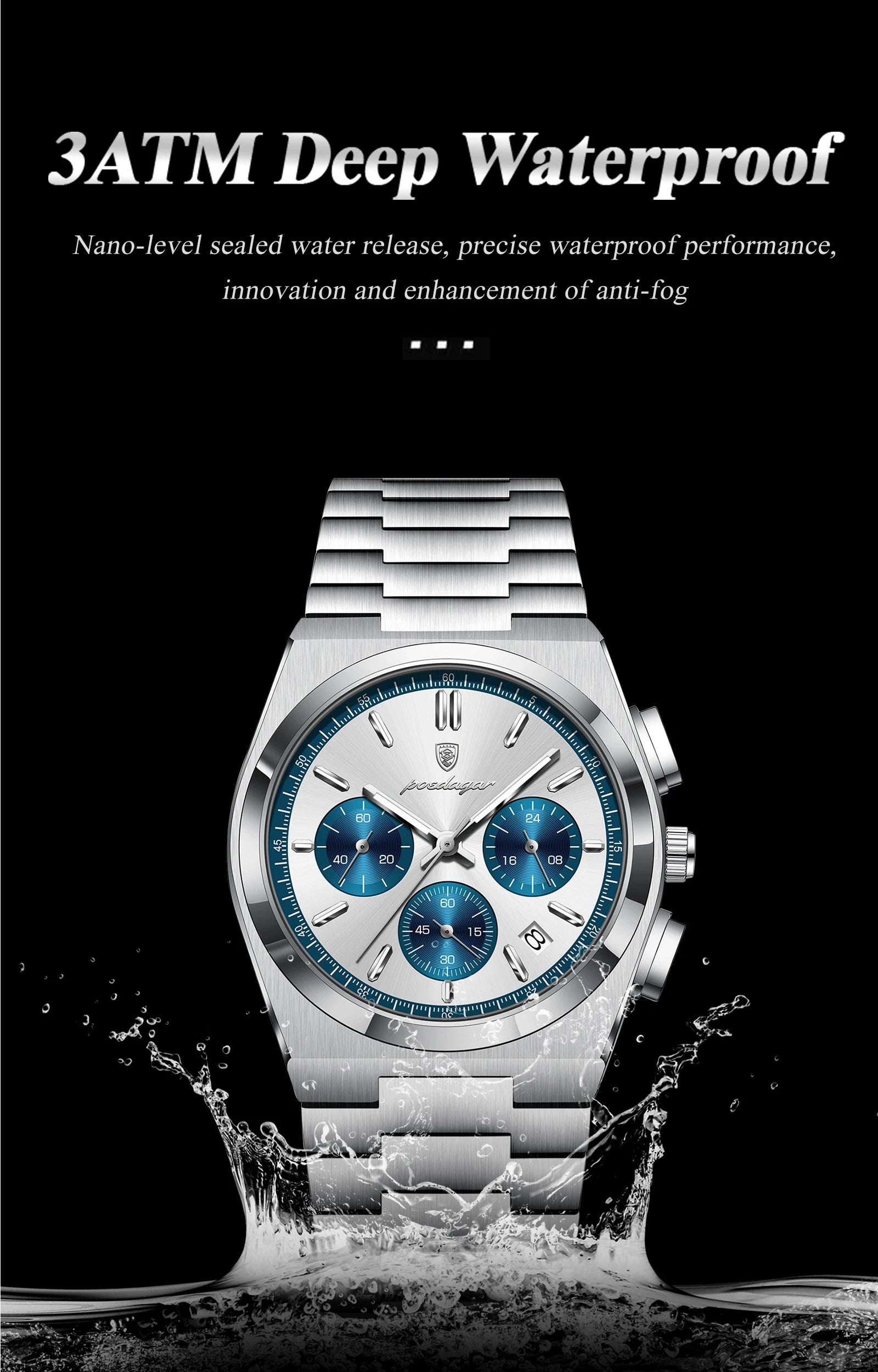 POEDAGAR Stainless Steel Chronograph Quartz Watch 970