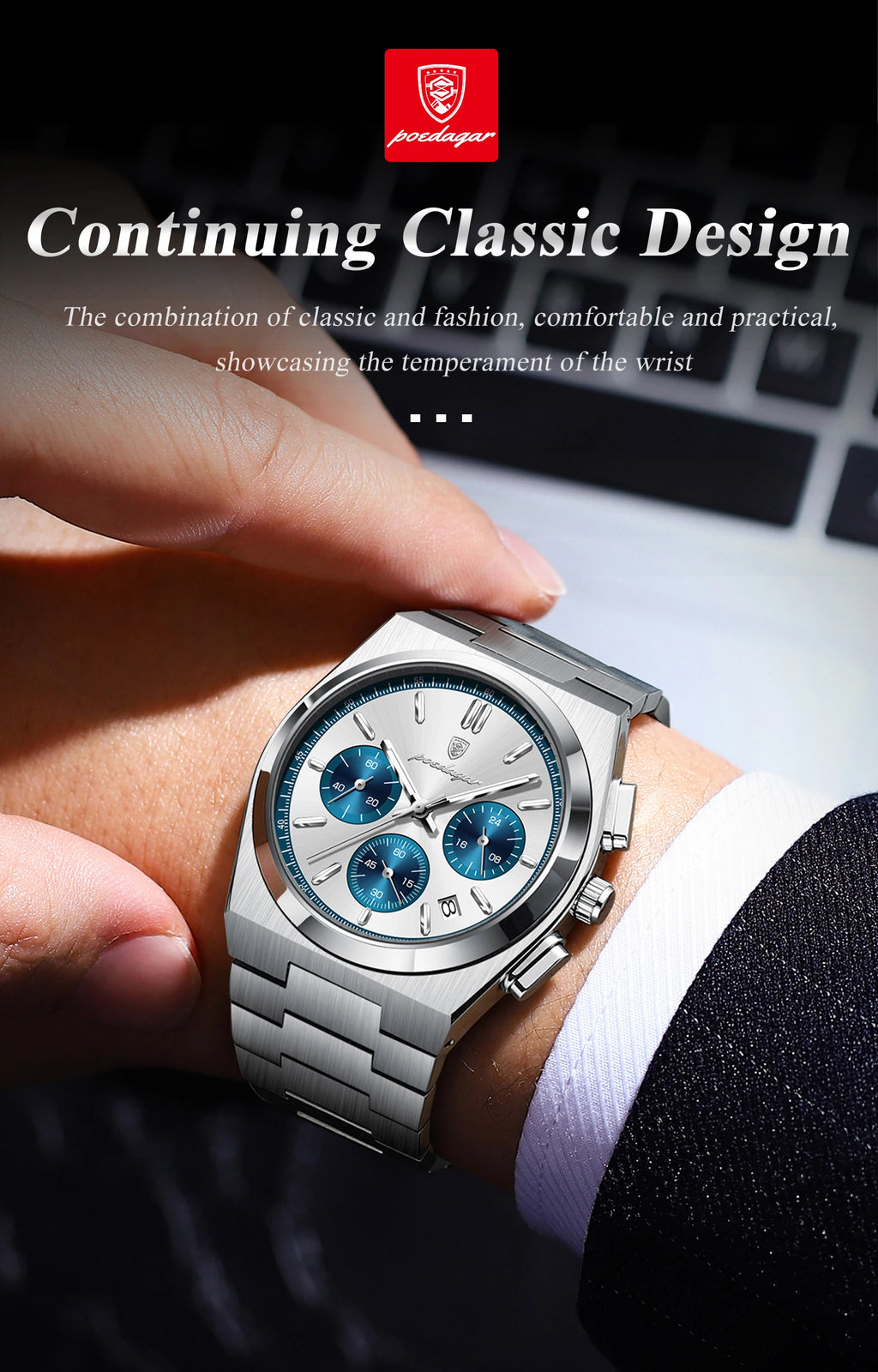 POEDAGAR Stainless Steel Chronograph Quartz Watch 970