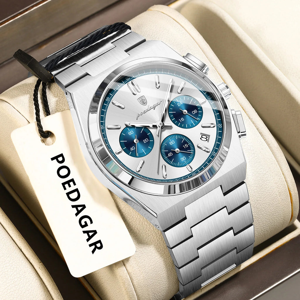 POEDAGAR Stainless Steel Chronograph Quartz Watch 970