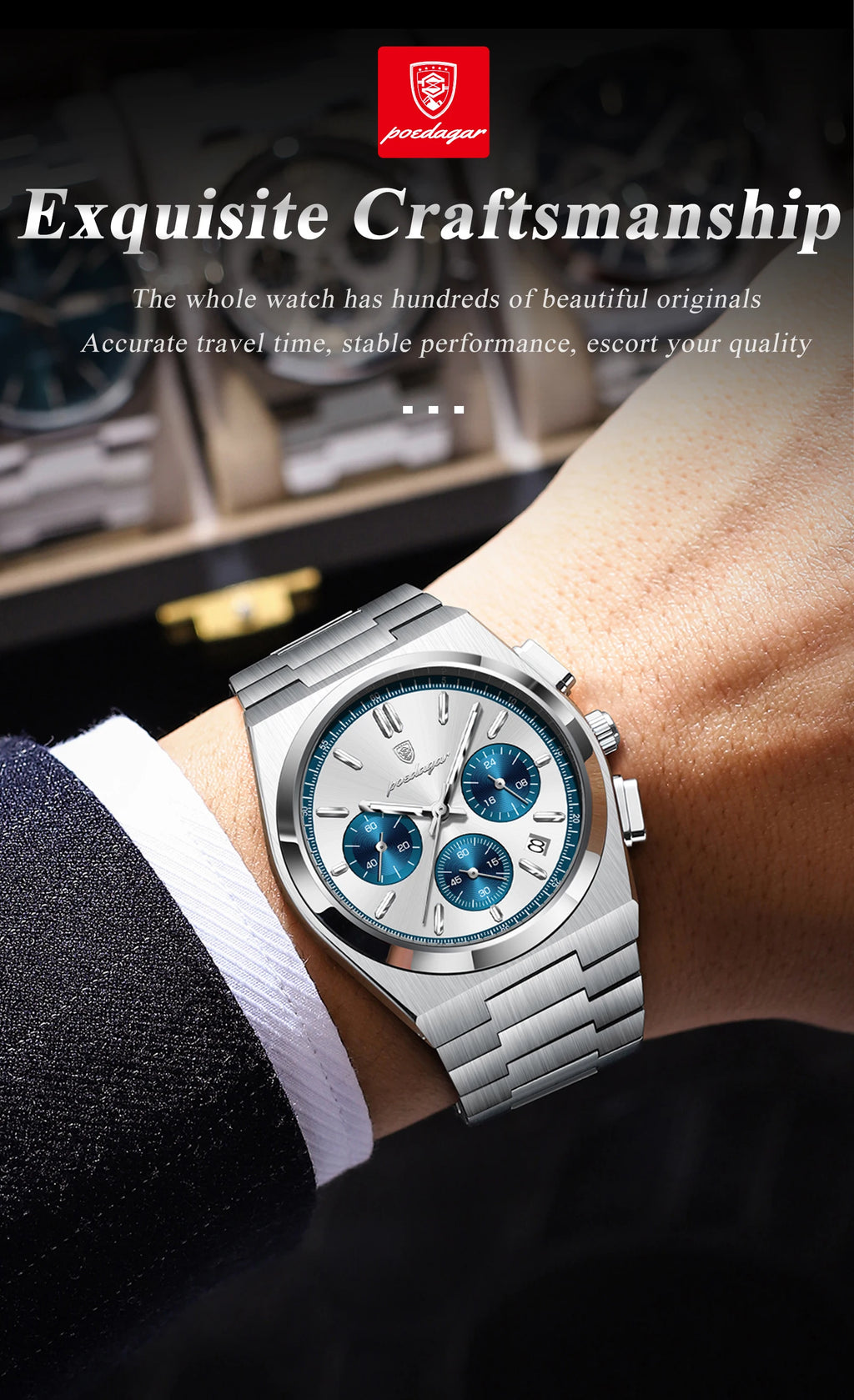 POEDAGAR Stainless Steel Chronograph Quartz Watch 970