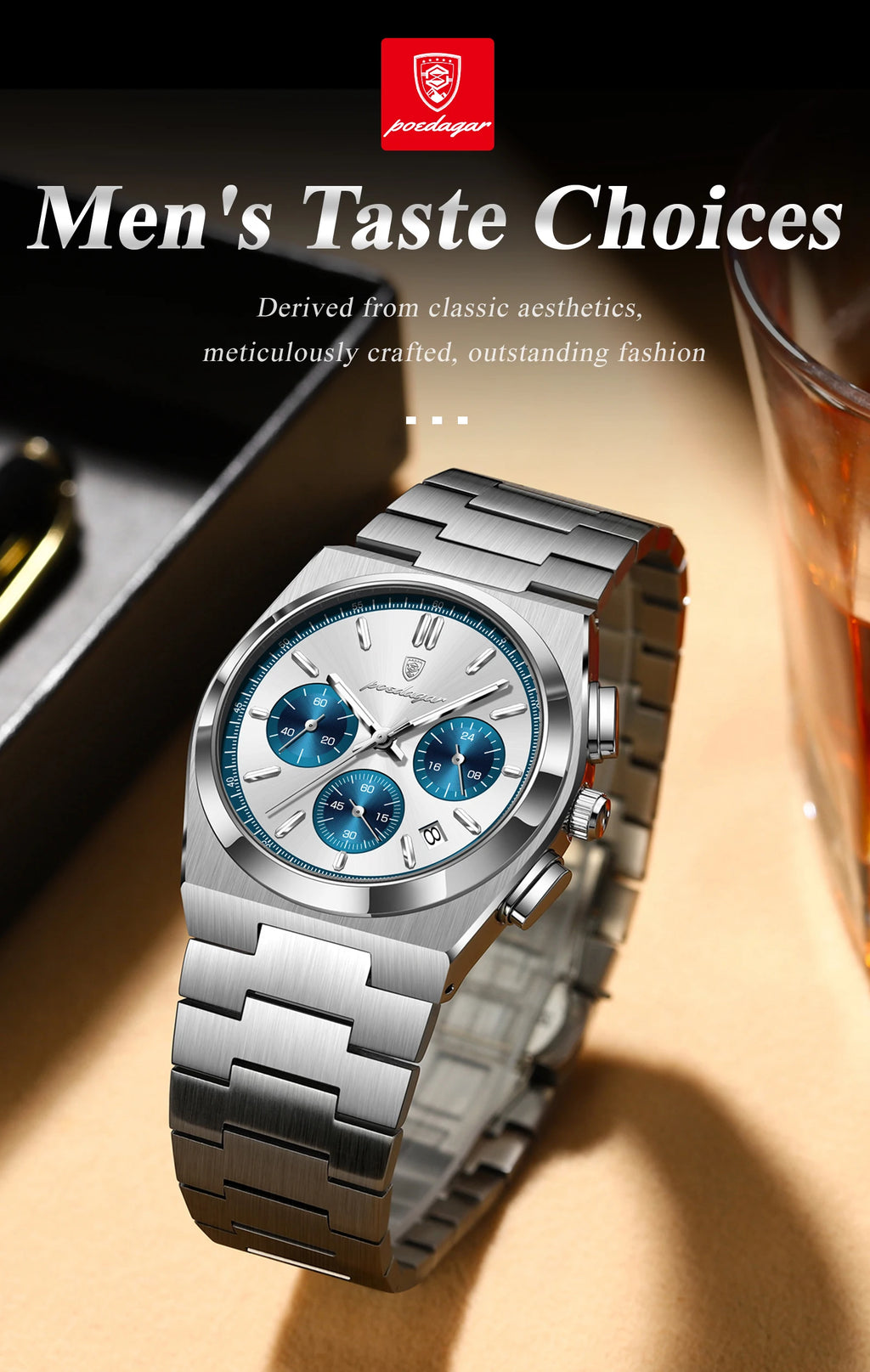 POEDAGAR Stainless Steel Chronograph Quartz Watch 970