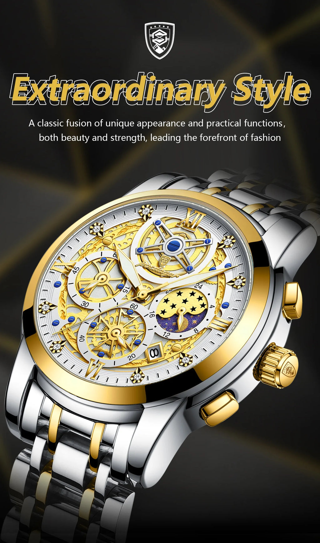 POEDAGAR Stainless Steel Chronograph Quartz Watch 984WH-1