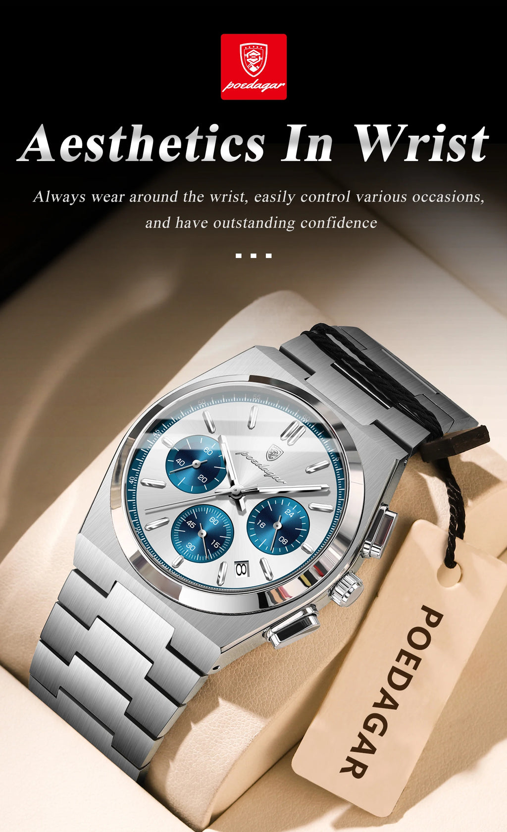 POEDAGAR Stainless Steel Chronograph Quartz Watch 970