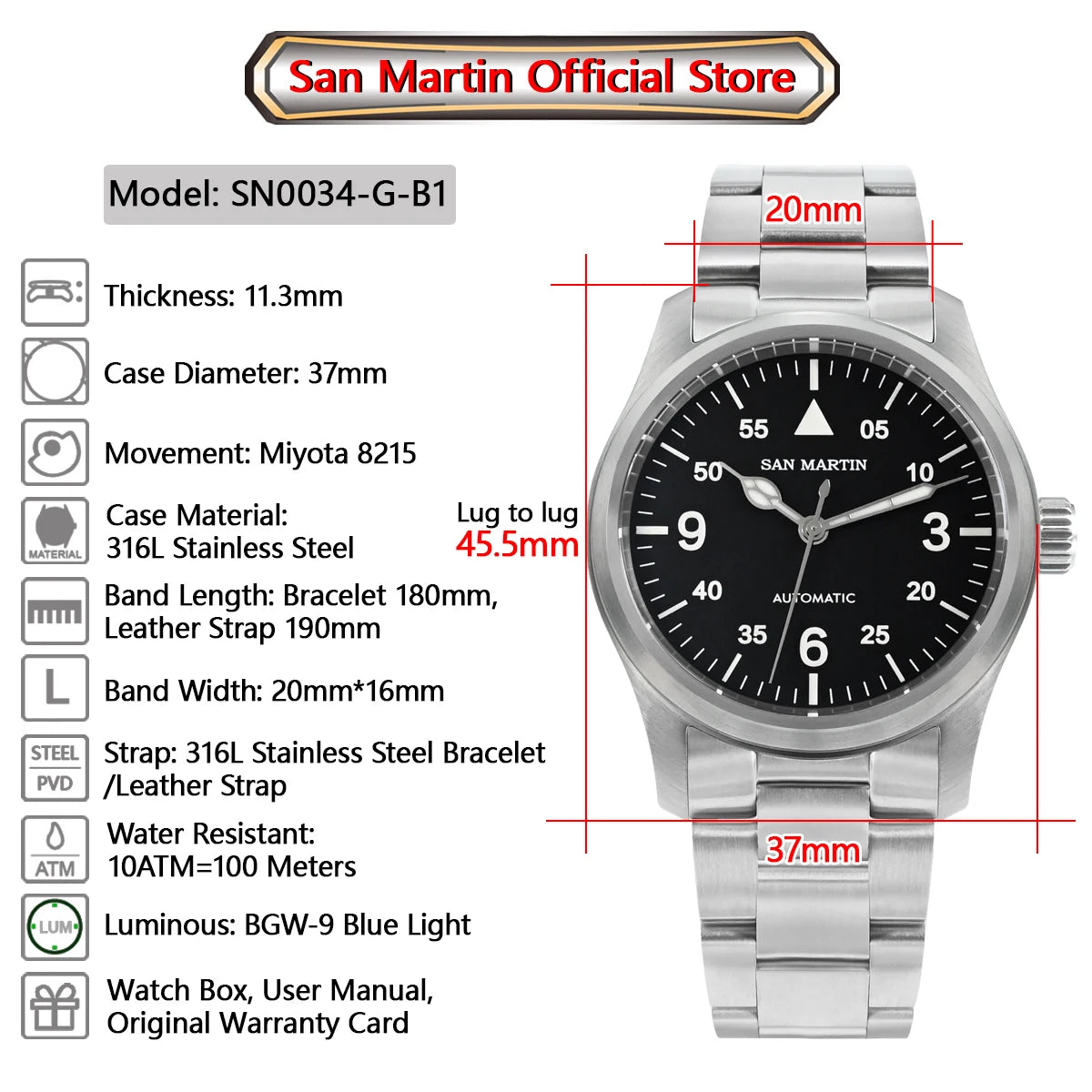 SAN MARTIN Pilot Automatic Mechanical Watch Miyota 8215 37mm