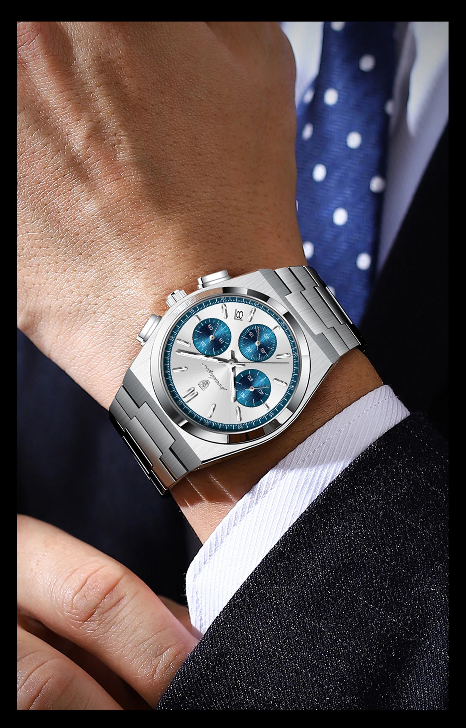 POEDAGAR Stainless Steel Chronograph Quartz Watch 970