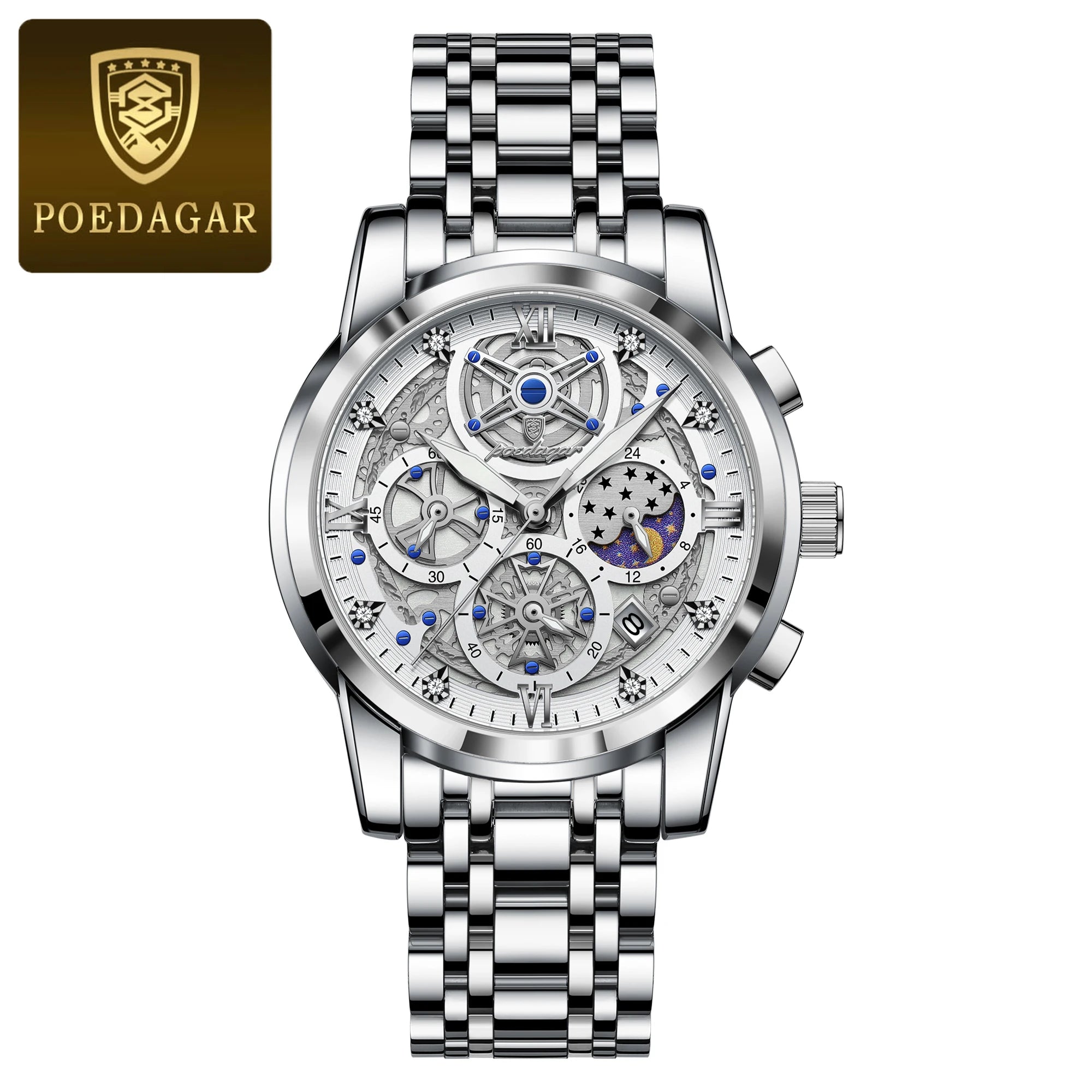 POEDAGAR Stainless Steel Chronograph Quartz Watch 984WH-1