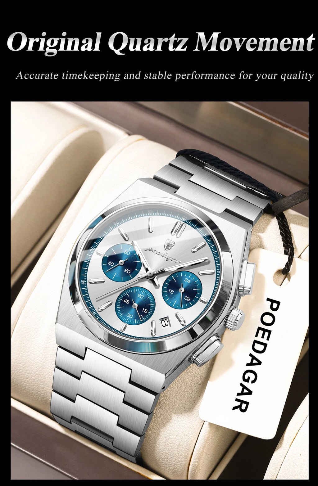 POEDAGAR Stainless Steel Chronograph Quartz Watch 970