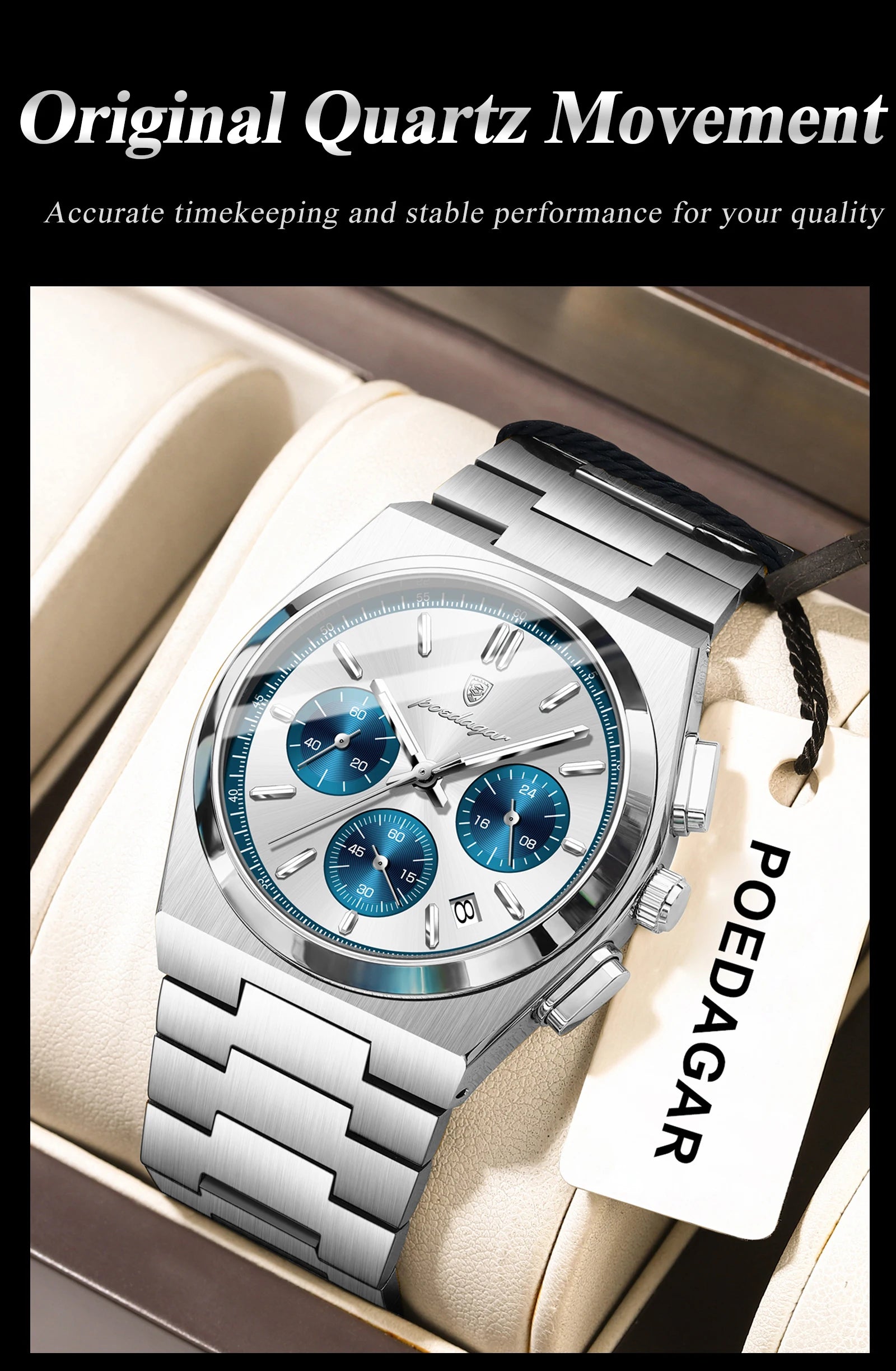 POEDAGAR Stainless Steel Chronograph Quartz Watch 970