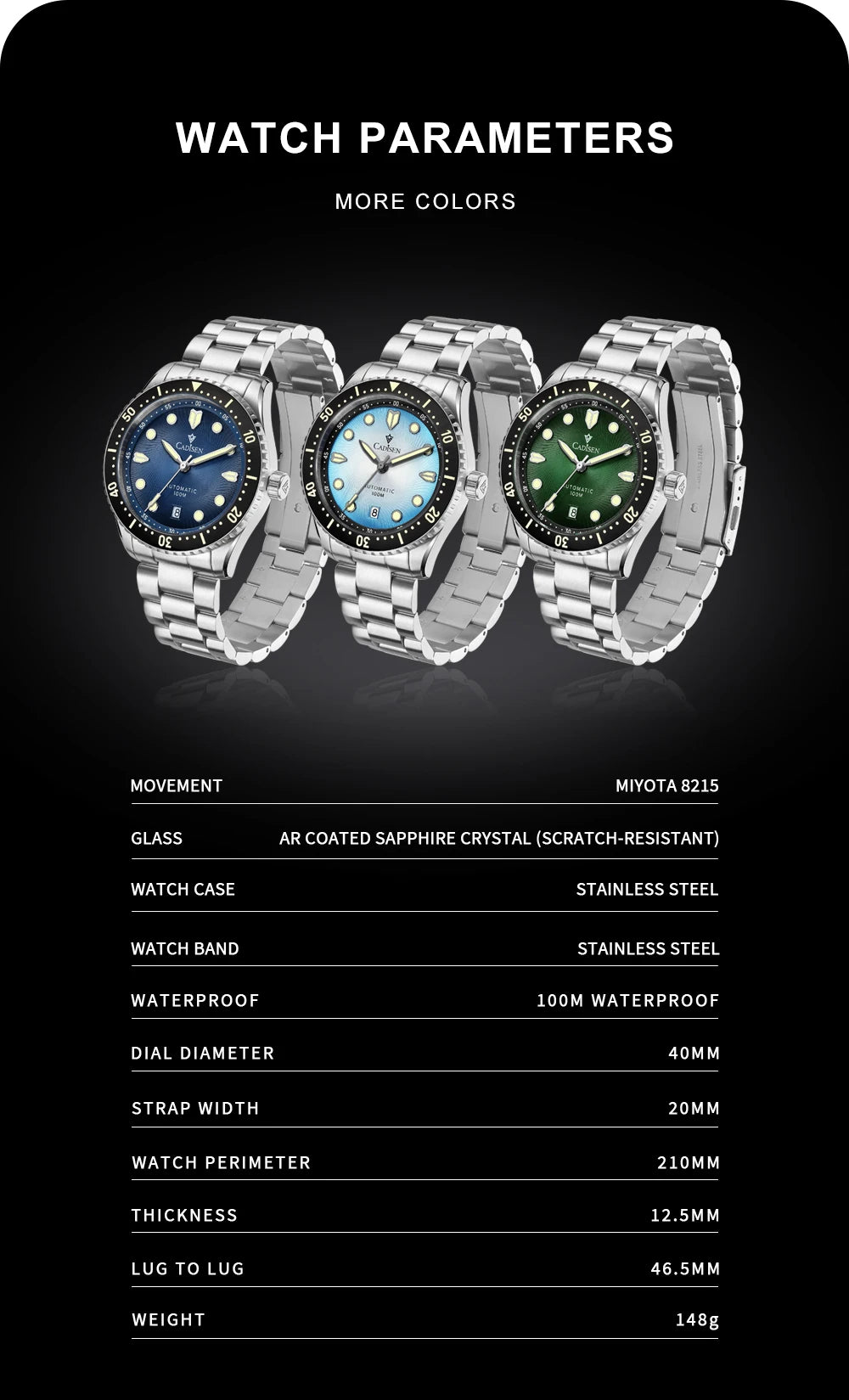 CADISEN Automatic Mechanical Sapphire Week Display Watch C8245