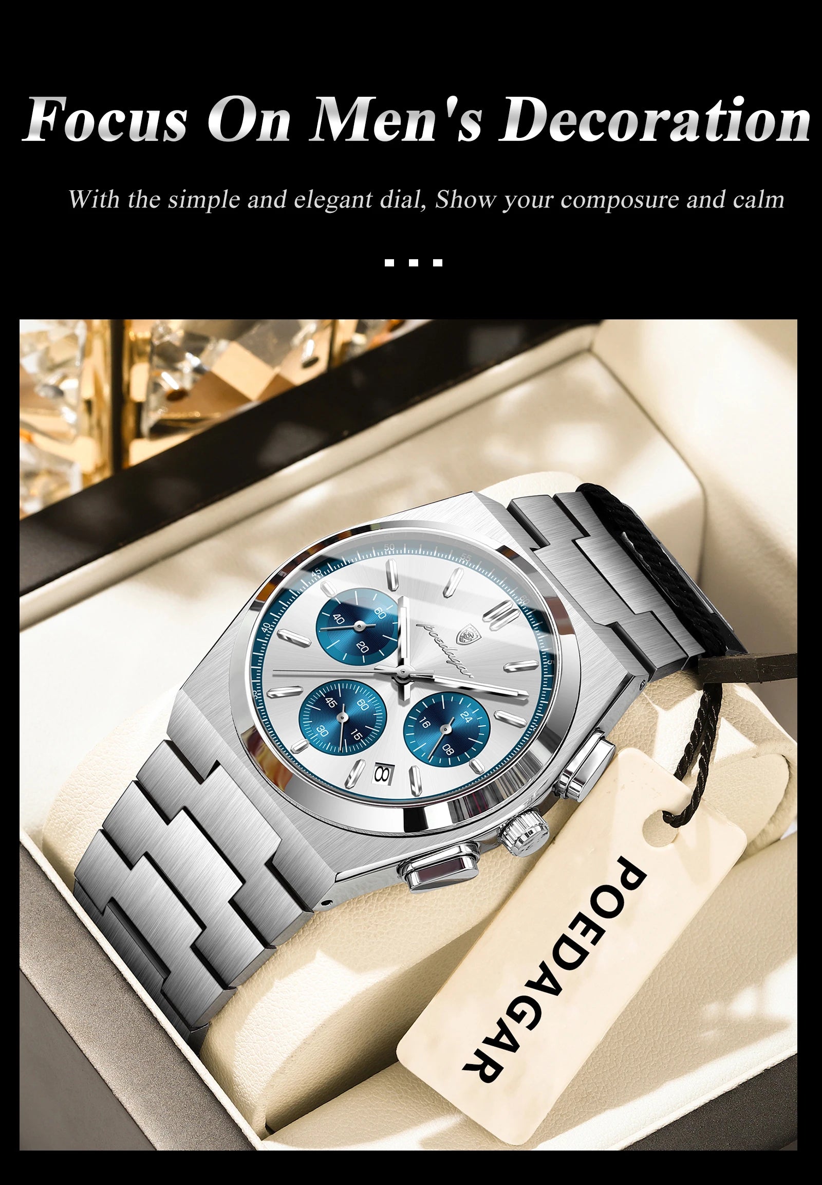 POEDAGAR Stainless Steel Chronograph Quartz Watch 970