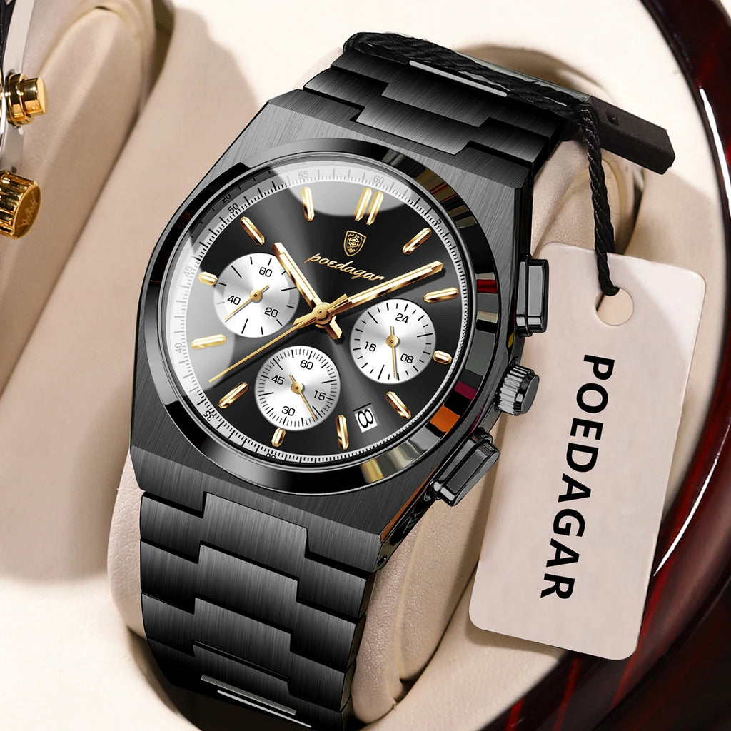 POEDAGAR Stainless Steel Chronograph Quartz Watch 970