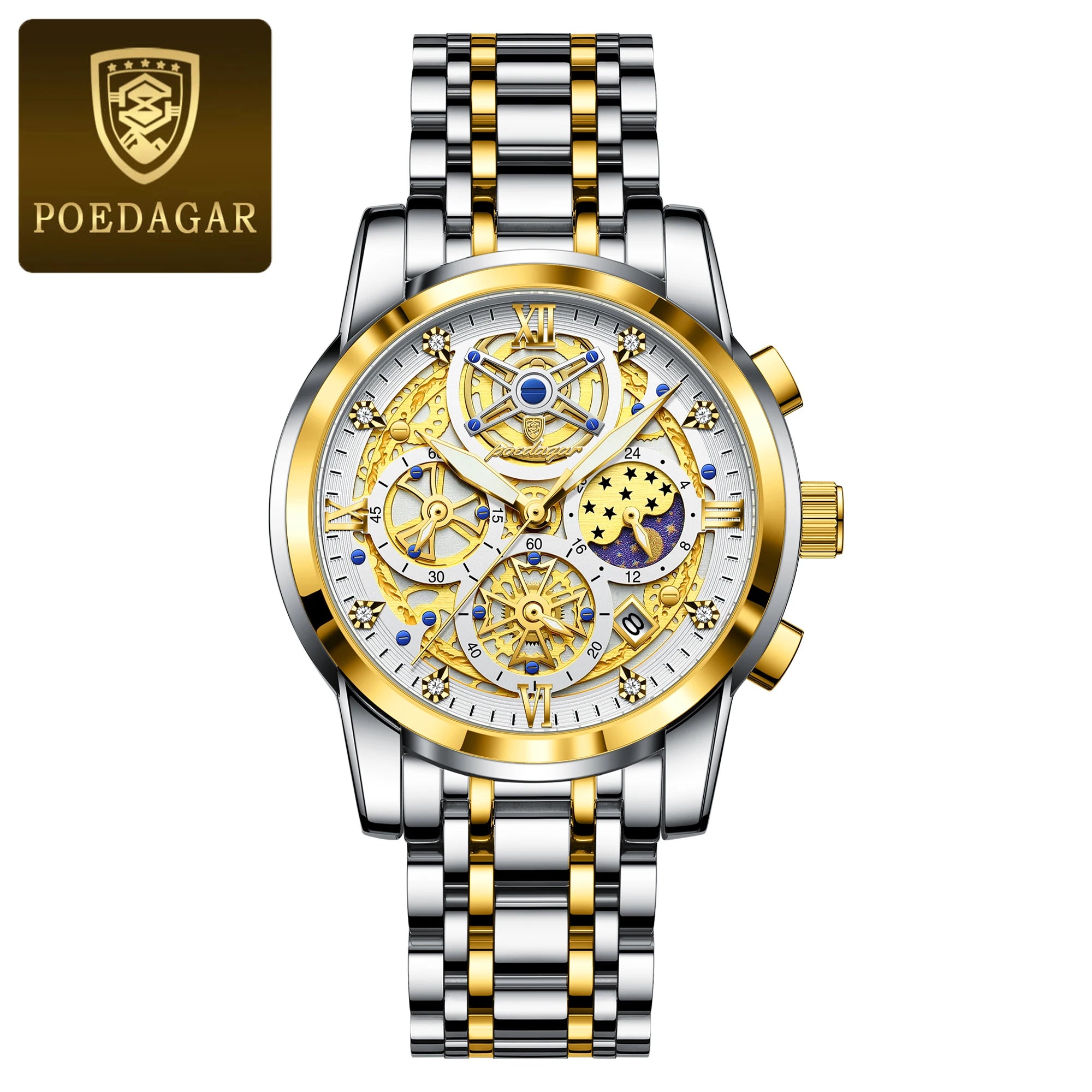 POEDAGAR Stainless Steel Chronograph Quartz Watch 984WH-1
