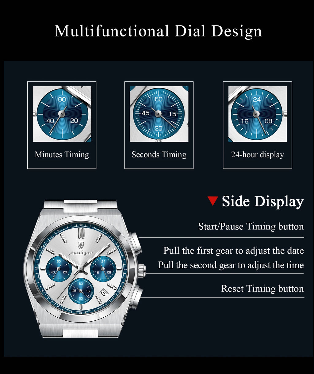 POEDAGAR Stainless Steel Chronograph Quartz Watch 970