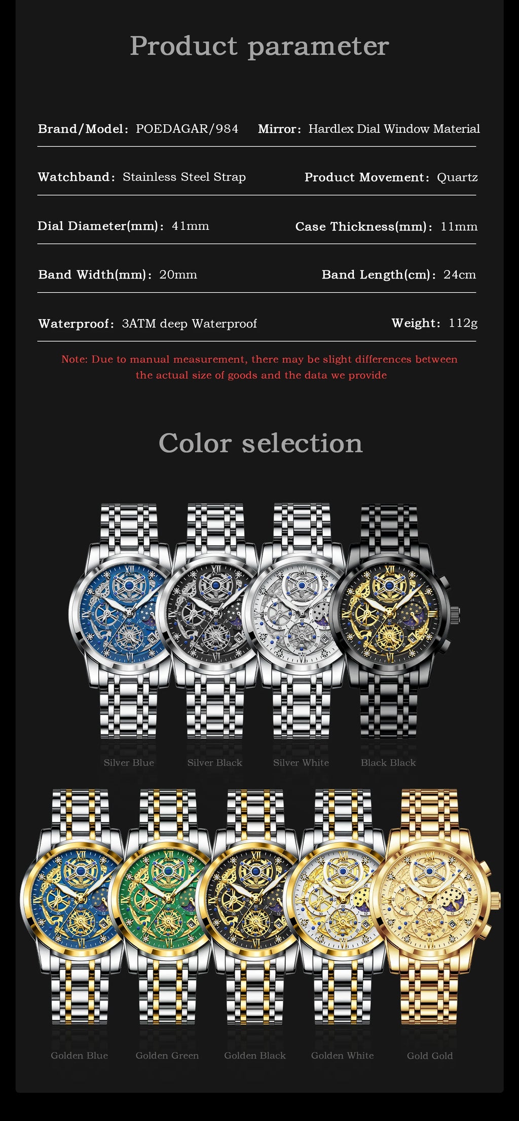 POEDAGAR Stainless Steel Chronograph Quartz Watch 984WH-1