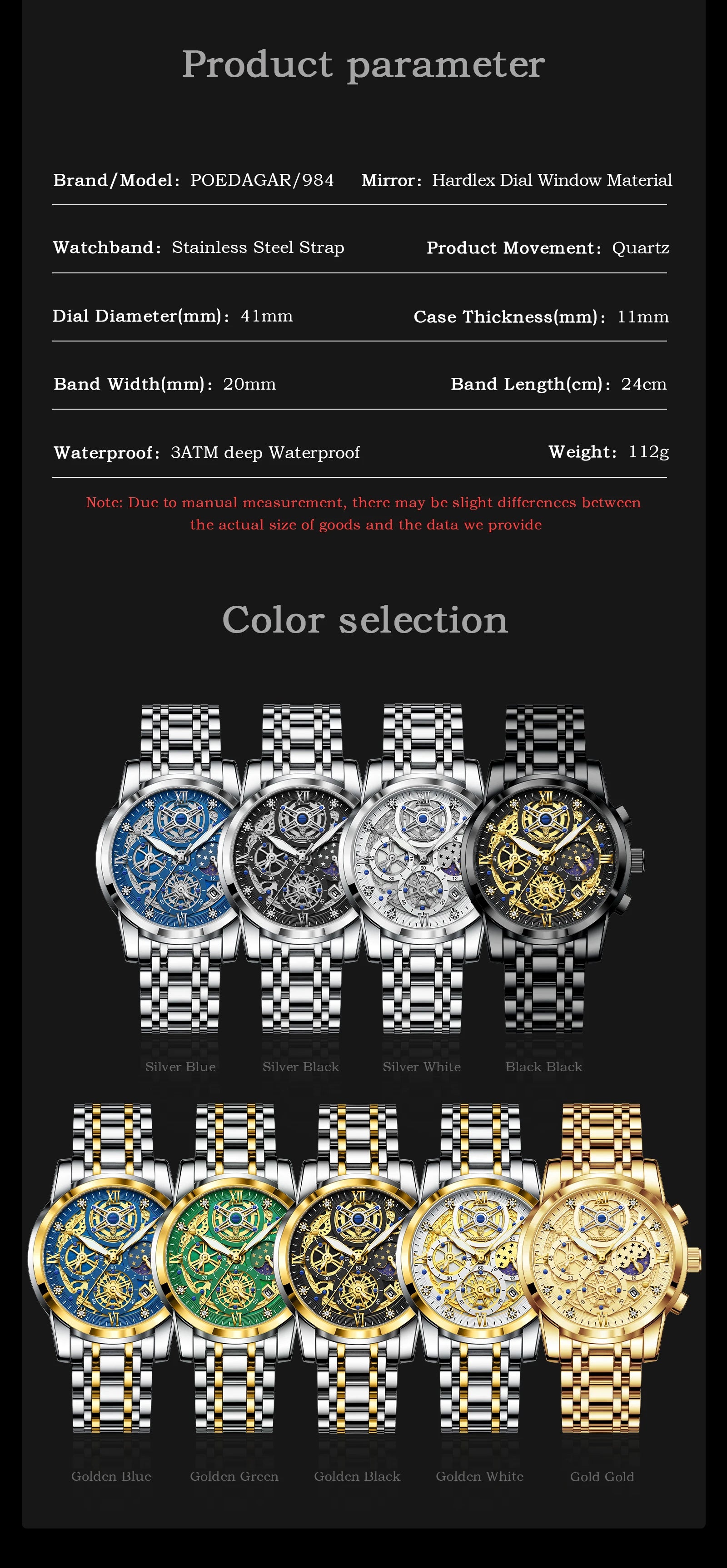 POEDAGAR Stainless Steel Chronograph Quartz Watch 984WH-1